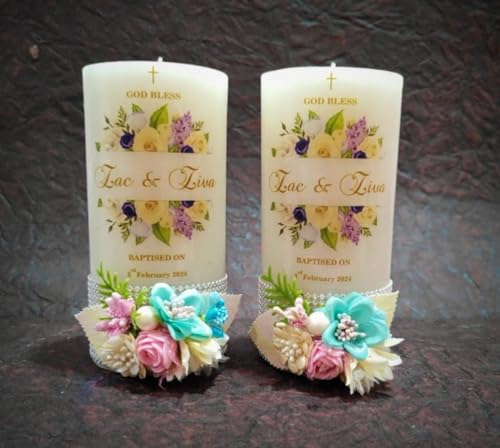 SJPS Personalized Candle I Customized Gift I Beptisum Custom Name Small Size & Choose Your Own Words Or Quote, with Flower Art Work Soy Wax Scented Candle Set