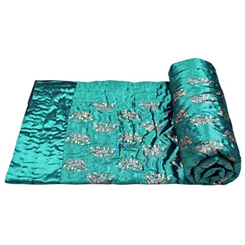 Indiafab Textiles Jaipuri Razai Rajasthani Traditional Silk Fabric Filling Pure Cotton Lightweight Winter and Summer Rajai Quilt Bedding Throw Blanket (Green Elephant Single Bed 60 X 90 INCHES)