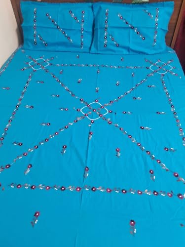 Globaltrendsindia Handwork bedsheets Cotton Queen Size Double Bed Sheet Embroidered Cotton bedsheets Embroidery Design Blue