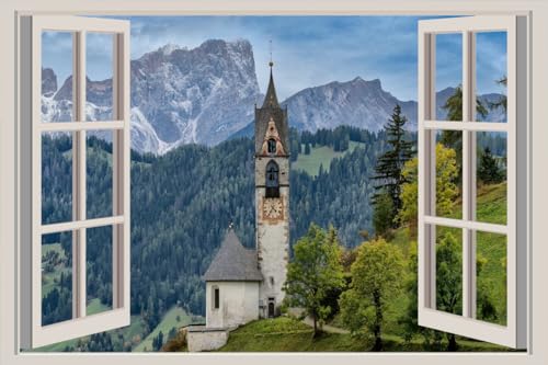 JVERF - JZZA23185 Italy Mountains Church La Valle Alps| Self-Adhesive Open Window Wall Sticker