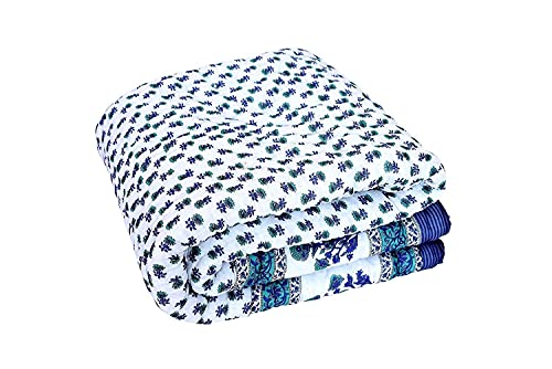 PINAARAS INTERIORS Jaipuri Razai Single Bed Rajsthani Traditional Hand Stitched Light Weight Pure Cotton Winter and Summer Jaipuri Ac Quilt Razai/Rajai/Blanket/Comforter (Blue, 55 X 85 Inches)