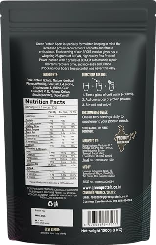 GREEN PROTEIN Sport Vegan Plant Pea Protein Isolate Powder, 25gm Protein, 5g BCAA Per Serving, No Added Sugar | Soy, Dairy, Gluten & Allergen Free | French Vanilla Flavor, Standup Pouch (1kg)