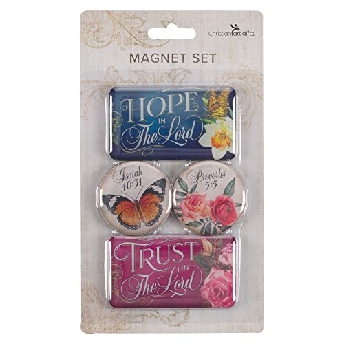 Christian Art Gifts Inspirational Refrigerator Magnet Set: Trust & Hope in The Lord, Floral & Butterflies, Burgundy/Maroon