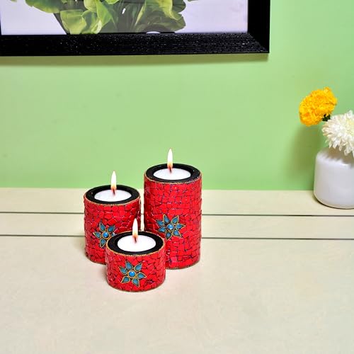 Wooden Handmade Red Stone Candles (Set of 3)