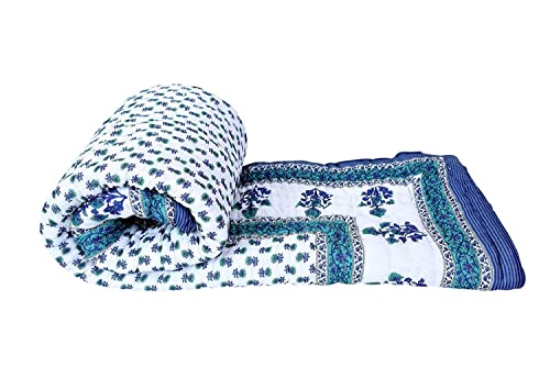 SWEP AND SHOP Traditional Famous Jaipuri Beautiful Floral Print in White and Blue Jaipuri Rajai/Quilt Single/Bed/Comforter/AC Quilt/Cotton,Lightweight Pack of 1