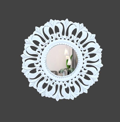 SHAN HANDICRAFTS Hand Carved Round Wooden Mirror Frame for Wall Décoration of Living Room, Bedroom, Bathroom, Hallway, Office. MDF 20x1x20 inch