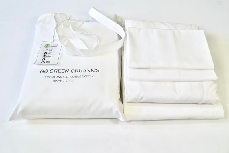 GO GREEN ORGANICS Organic Cotton Crisp Percale Bed Sheet Set - Luxury Hotel Quality - GOTS Certified - White - Deep Pocket - Easy Care - King