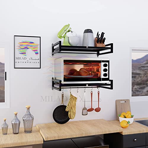 MILAD Metal Wall Mounted Microwave Oven Stand with Hook Utensil Organizer (60 L x 40 W x 15 H CM's, Black Color, OS-10, Set of 2, Hanging Shelves)