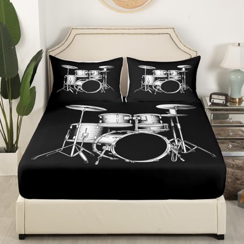 Drum Kit Fitted Sheet Drum Bed Sheet Set for Boys Girls Children Rock Music Themed Bedding Set Rock Music Themed Bed Cover Black White Instruments Print Room Decor Bedding Sheet Full Size 4Pcs