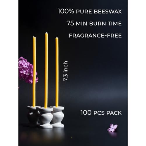 CANDWAX 100 Pack Thin Beeswax Taper Candles - 7 Inch Tall Yellow Candles for Meditation, Church, Easter, Home Use, Christmas, Hanukkah & More - Pure Beeswax Candles Bulk