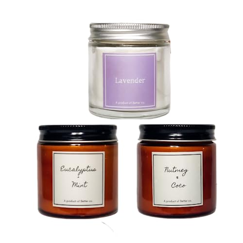 Better co Scented Soy Wax Amber Jar Candle Organic Luxury Aroma Burning Time Upto 20 Hours. Combo Pack of 3. Nutmeg + Coco Eucalyptus + Mint and Lavender