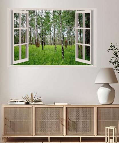 JVERF - JZZA20818 Forests Birch Trees Grass| Self-Adhesive Open Window Wall Sticker