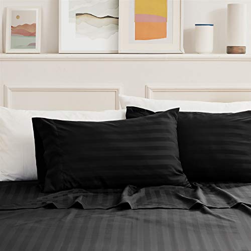 SLEEP ZONE Striped Bed Sheet Sets 120gsm Luxury Microfiber Temperature Regulation Sheets Soft Wrinkle Free Fade Resistant Easy Care (Black, Full)