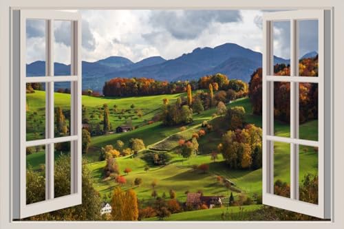 JVERF - JZZA29662 Switzerland Mountains Autumn Basel Alps Trees| Self-Adhesive Open Window Wall Sticker