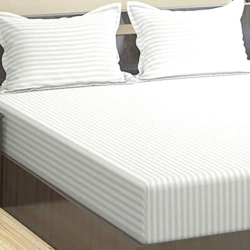 Trance Home Linen 100% Cotton 78x60 inch Queen Fitted 200TC Satin Stripe Elastic Fitted Bedsheet | Daily Use Double Bed Fitted Bedspread with 2 Pillow Covers (78"x60"| 6.5x5 ft, White)