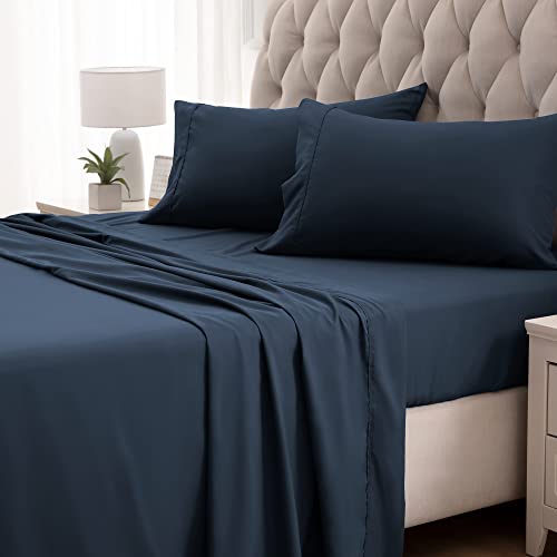 SLEEP ZONE Bed Sheet Sets Temperature Regulation Soft Wrinkle Free Fade Resistant Easy Sheets 4 PC, Navy Blue,King