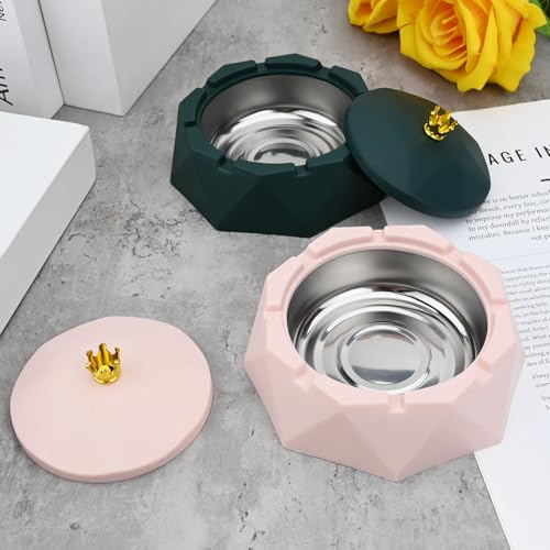 Bekecidi 2 PCS Ashtray with Lid, Crown Stainless Steel Ashtray, Desktop Smoking Ash Tray, Windproof Ash Holder for Smokers, Ashtray for outdoor Indoor Home Office Garden Bar (Pink, Green)