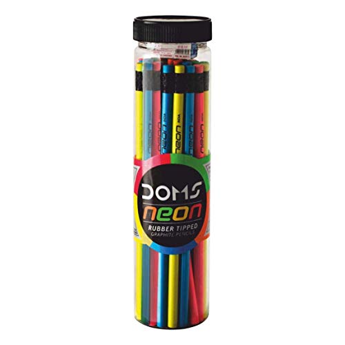 Doms Neon Rubber Tipped HB/2 Graphite Pencil Jar Pack | Confortable & Soft In Hands | Dark & Neat Handwriting | Free Sharpener, Eraser & Scale Inside | Pack of 30 Pencils