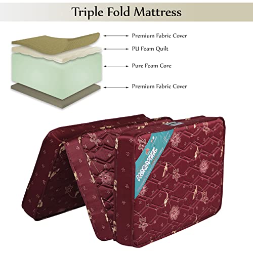 MOROFEEL Three Fold 4 inch High Density Soft Bounce PU Foam Mattress Maroon (Single 72x35x4 inch)