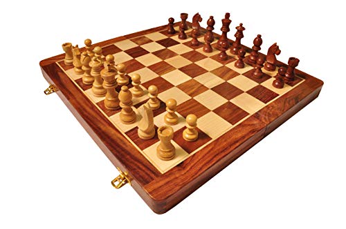 PALM ROYAL HANDICRAFTS Handmade Foldable Magnetic Chess Board Set Wooden with Magnetic Pieces and Extra Queens for Kids and Adults (14x14 Inches, Brown)