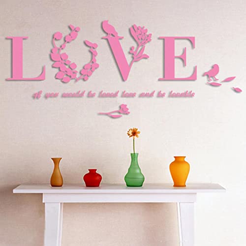 ATORSE® Fashion Removable Self-Adhesive 3D Leaf Love Mirror Wall Sticker Pink