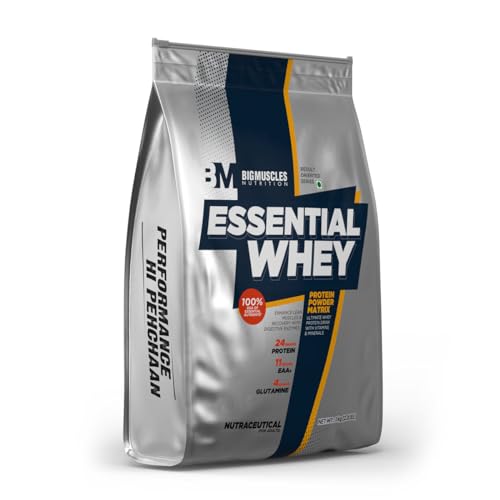 Bigmuscles Nutrition Essential Whey Protein 1Kg [Dutch Chocolate] | 24g Protein/serving with Digestive Enzymes,Vitamin & Minerals, No Added Sugar|Improved Strength , Faster Recovery & Muscle Building