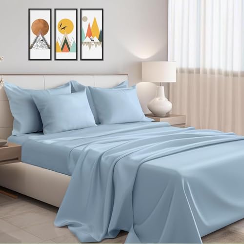 Premium Hotel Quality Cotton Bedsheet & Pillow Cover Set of 2 Room Décor Item for Bedroom - Light Blue Solid_King