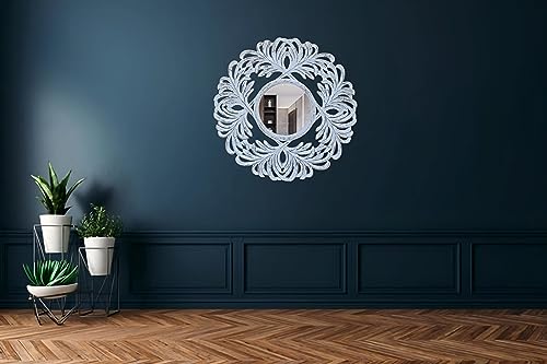 SHAN HANDICRAFTS Hand Carved Round Wooden Mirror Frame for Wall Décoration of Living Room, Bedroom, Bathroom, Hallway, Office etc. MDF 24x1x24 inch