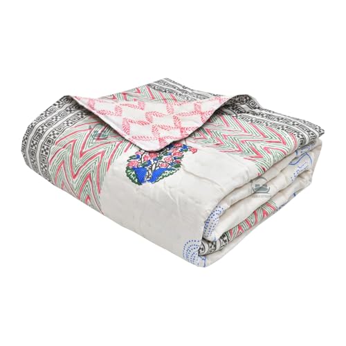 AARMOZY Cotton Jaipuri Razai Single Bed Hand Block Floral Buta Bail Print Quilt Blanket - Blue/Pink (Single Bed D) (60X90INCHES)