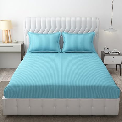 WUSA 210 TC Satin Double Bed Striped Fitted (Elastic) Bedsheet (Pack of 1)(Sky Blue)