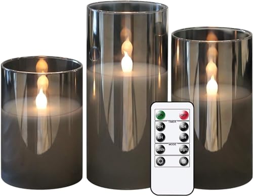 AQUIDAN Set of 3 Clear Grey Glass Flameless Candles with Remote and Timer, Real Wax Tamped Battery Operated LED Pillar Candles with Flickering 3D Flame Color Transparent : Grey