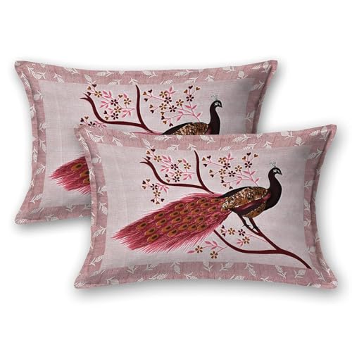 Shivanshi Pink Peacock Print Cotton Double Bed Sheet | Queen Size 90 x 100 inch Pure Cotton | Double Bedsheet with 2 Large Pillow Covers