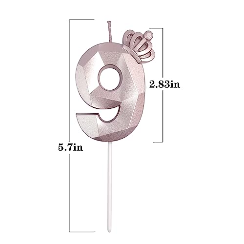 Crown Number Candle 3inch Rose Gold Candle 9 3D Diamond Shape Plus Crown Design Crown Birthday Candle Suitable for Birthday Parties Anniversary Cake Decorations