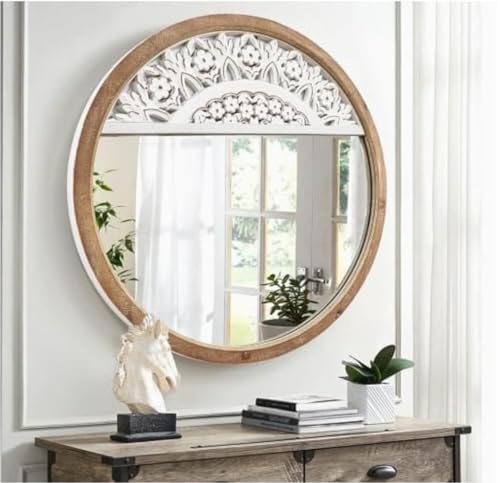 WILDWOOD 36" x36'' Round Rustic Mirror Wooden Frame Circle Mirrors, Distressed Wall Mounted Mirror | Only Frame with Out Mirror (White/Brown)