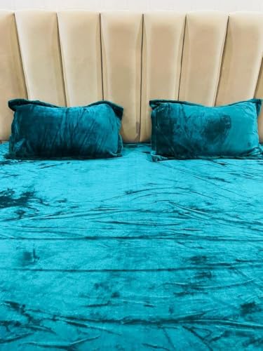 DANVIRA Velvet Warm Winter Solid Flannel Elastic Fitted Bedsheets for Double Bed King Size 90x100 inches with 2 Pillow Covers | Double Bed Warm Bedsheet with Elastic - Fitted (Sea Green)