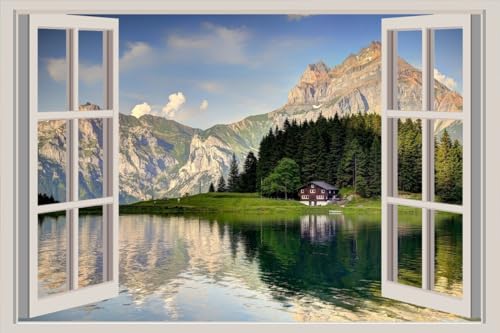 JVERF - JZZA29600 Switzerland Lake Scenery| Self-Adhesive Open Window Wall Sticker