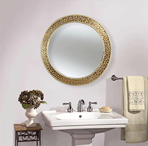 Beautiful Engraved Pearl Designed Beveled Round Wall Mirror with Elegant Sturdy Frame - ( 24 X 24 Inches, Gold)