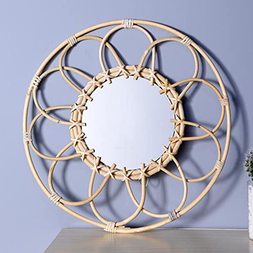 CALANDIS Rattan Round Makeup Mirror Bathroom Wall Hanging Mirror Art Bedroom Decors Inner Dia 18cm