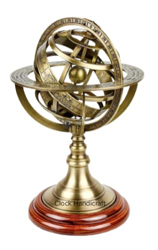 Clock Handicraft Pure Brass Base Wood Armillary Sphere Globes is a Beautiful Table Decor Designer 9 Inch