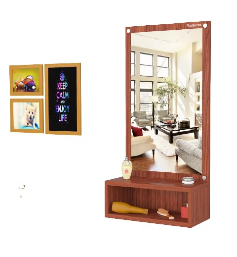 Madhuran Engineered Wood Wall Mounted Mirrors with Storage Box Stand (Laminated Teak) / Fancy Rectangular Hanging Home Makeup Items Living Room Office Bedroom Bathroom