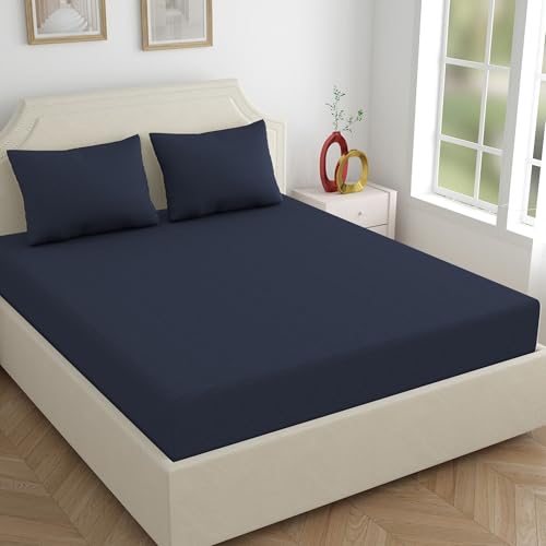 Haus & Kinder Wrinkle and Iron Free 100% Cotton Jersey (Soft T-Shirt Fabric) - Elastic Fitted Bedsheets King Size with 2 Pillow Cover - Fits Up to 8" Mattress- (78" X 72") Solid, King, Navy Heather