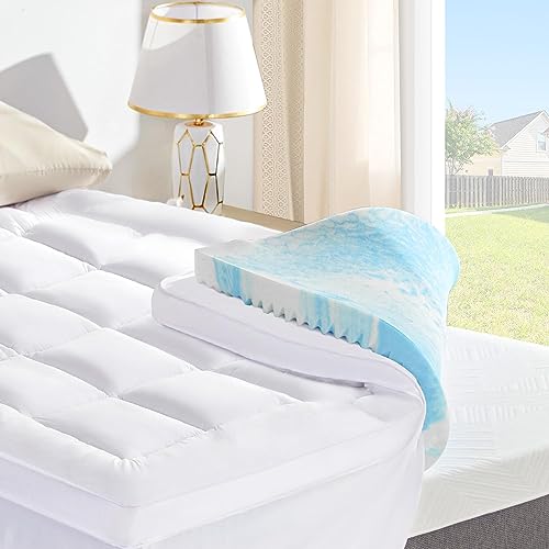 SINWEEK Dual Layer 4 Inch Memory Foam Mattress Topper, King Size, 2 Inch Cooling Gel 5-Zone Memory Foam Plus 2 Inch Extra Thick Pillowtop Cover, Pressure Relieve Soft Mattress Pad,Light Blue