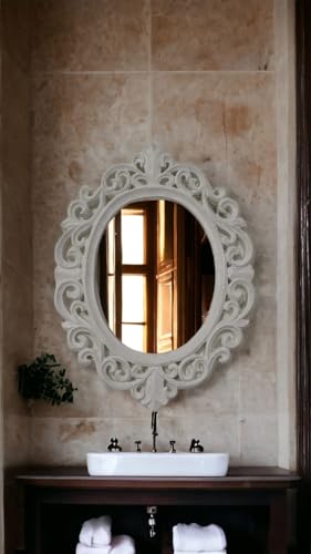 Taksha Decors Carved Wooden Frame Mirror | Intricate Wooden Carving | Royal White duco Paint | 12 inches