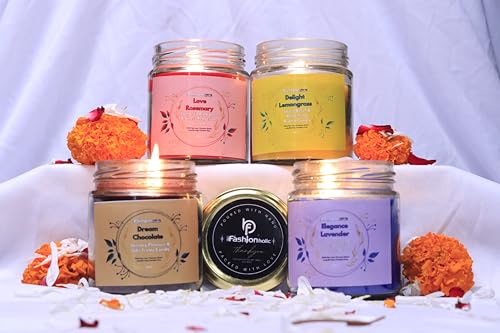 Be Fashionholic Scented Soy Wax Candle 4X300gms Each, 75 Hrs | Aromatherapy Candle for Home Decor and Gift Set | Handcrafted, Smoke-Free, 100% Soy Wax (Lavender, Lemongrass, Rose and Chocolate)