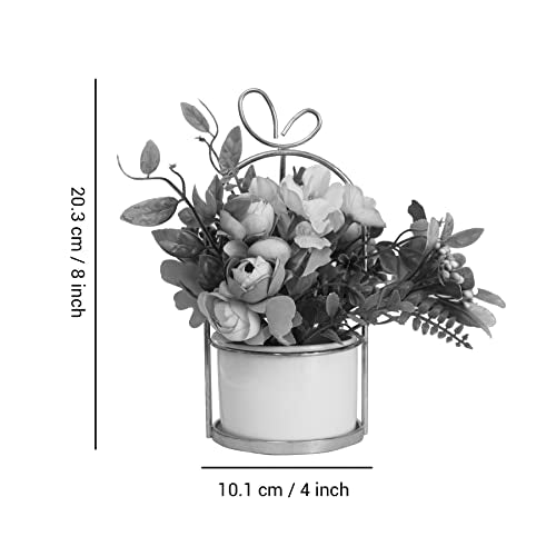 TIED RIBBONS Artificial Rose Flowers with Pot and Stand (20.3 cm x 10.1 cm, White) Home Decor Items for Living Room Table Kitchen Bedroom Office Centerpiece Gift Set