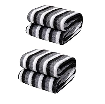 Akin Fleece Single Bed AC Blanket (60X90 Inch, Black and White Stripes) - Pack of 2