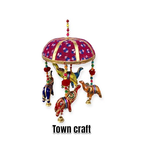 Town Craft Traditional Windchimes|Cotton Fabric Pompom Handmade Toran with 5 Decorative Hanging Elephants