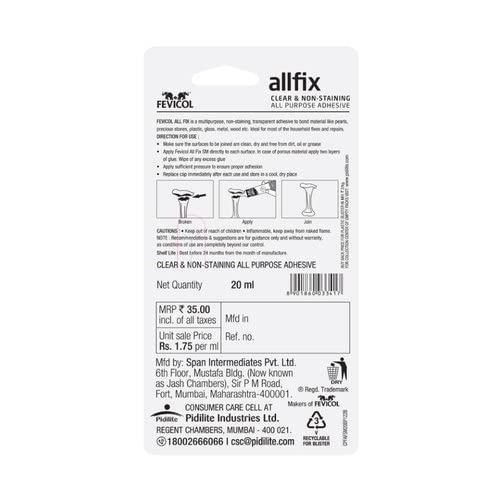 Pidilite Multi-Purpose Allfix Clear & Non-Staining Adhesive (20ml)