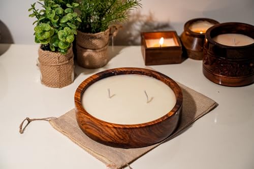 Two Wick Soy Wax Scented Candle in Sheesham Wood - Flat Bowl Large - Upto 50 Hours Burning Time - rafiteriaCandles (Rose)