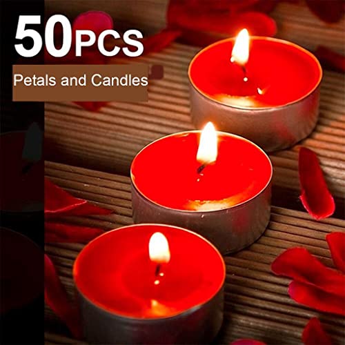 ATORSE® 50Pcs Smokeless Unscented Tealights Candles with 100Pcs Flower Petals Red